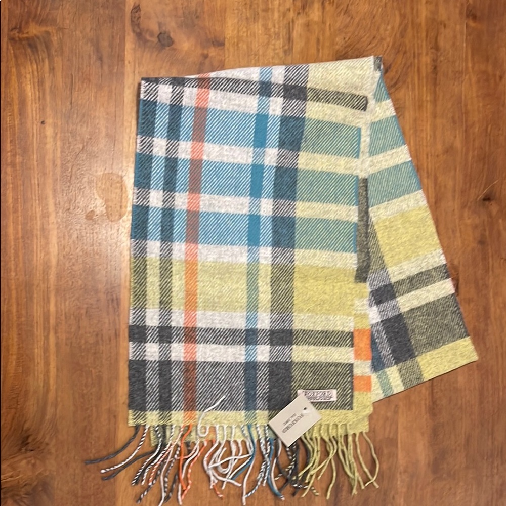 Blue and Yellow Plaid Wool Scarf with Fringe